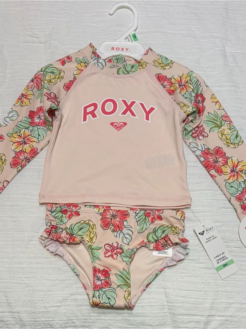 Roxy Girls' Pink Floral Long-Sleeve Rashguard Two-Piece Set